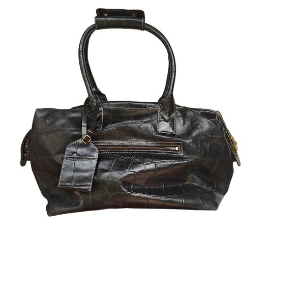 Dooney & Bourke Black Croc Embossed Medicine Bag Leather Satchel Red Lining - Picture 1 of 7